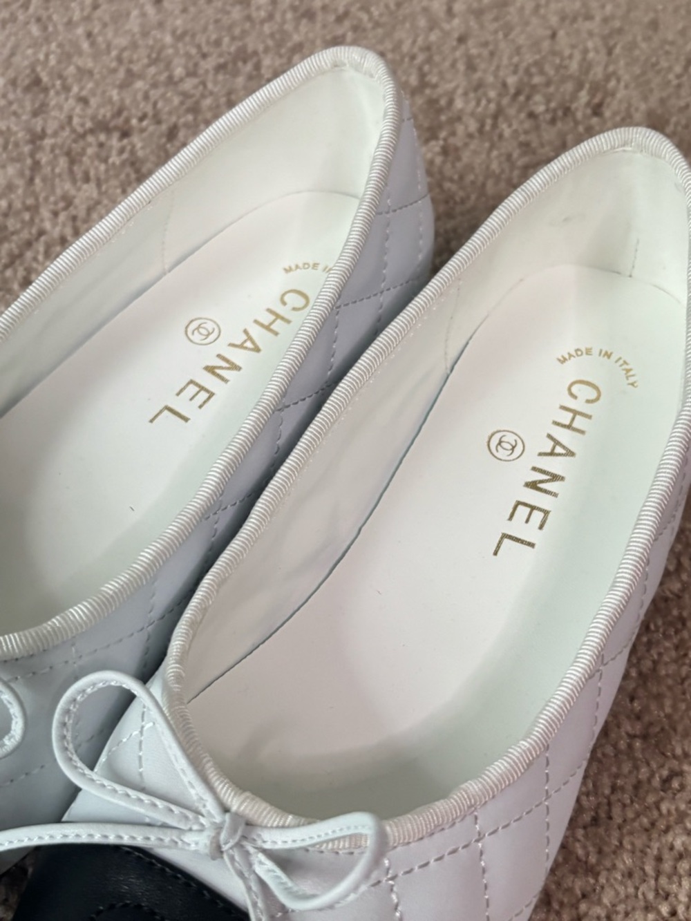 Two-Tone White and Black Quilted Leather Ballet Flats - Picture 3 of 4